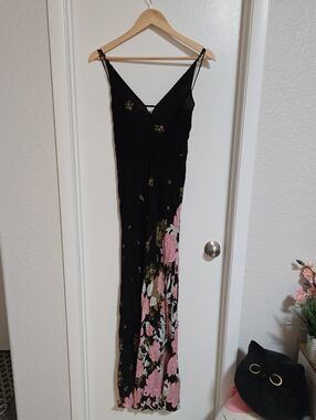 Free People Intimately Small Black Maxi Dress with Pink Floral Print